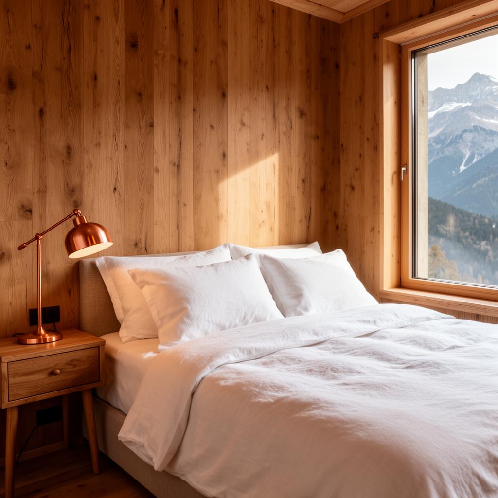 Linen-dressed bedroom in a mountain rental