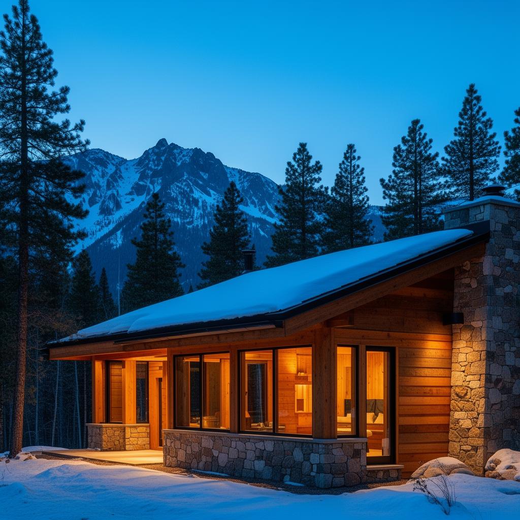 Modern stone-and-timber mountain cabin at twilight