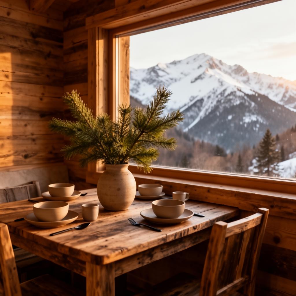 Dining nook in a Colorado mountain rental with snow-capped peaks framed in the window
