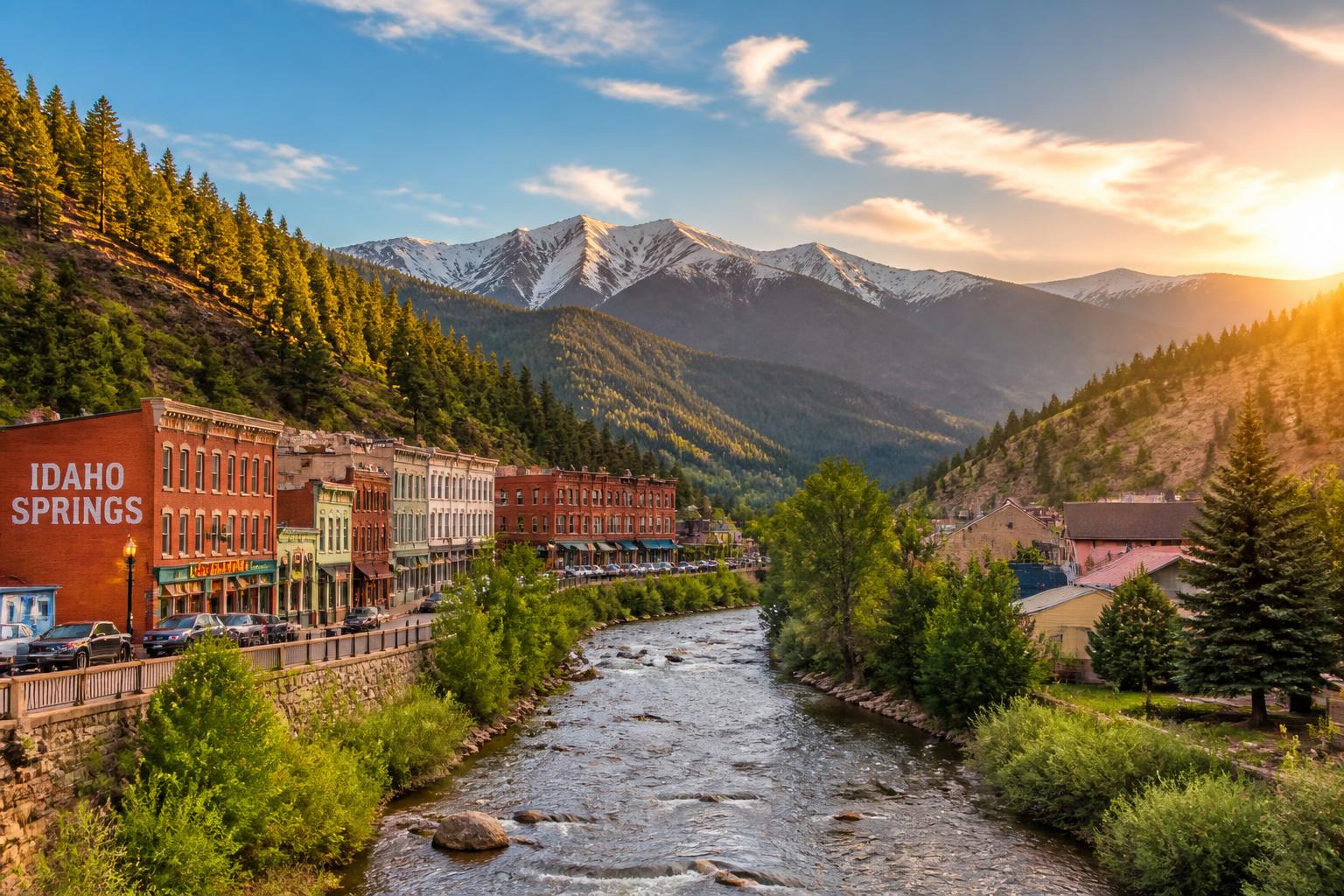Historic Idaho Springs along Clear Creek with snow-dusted peaks above the valley