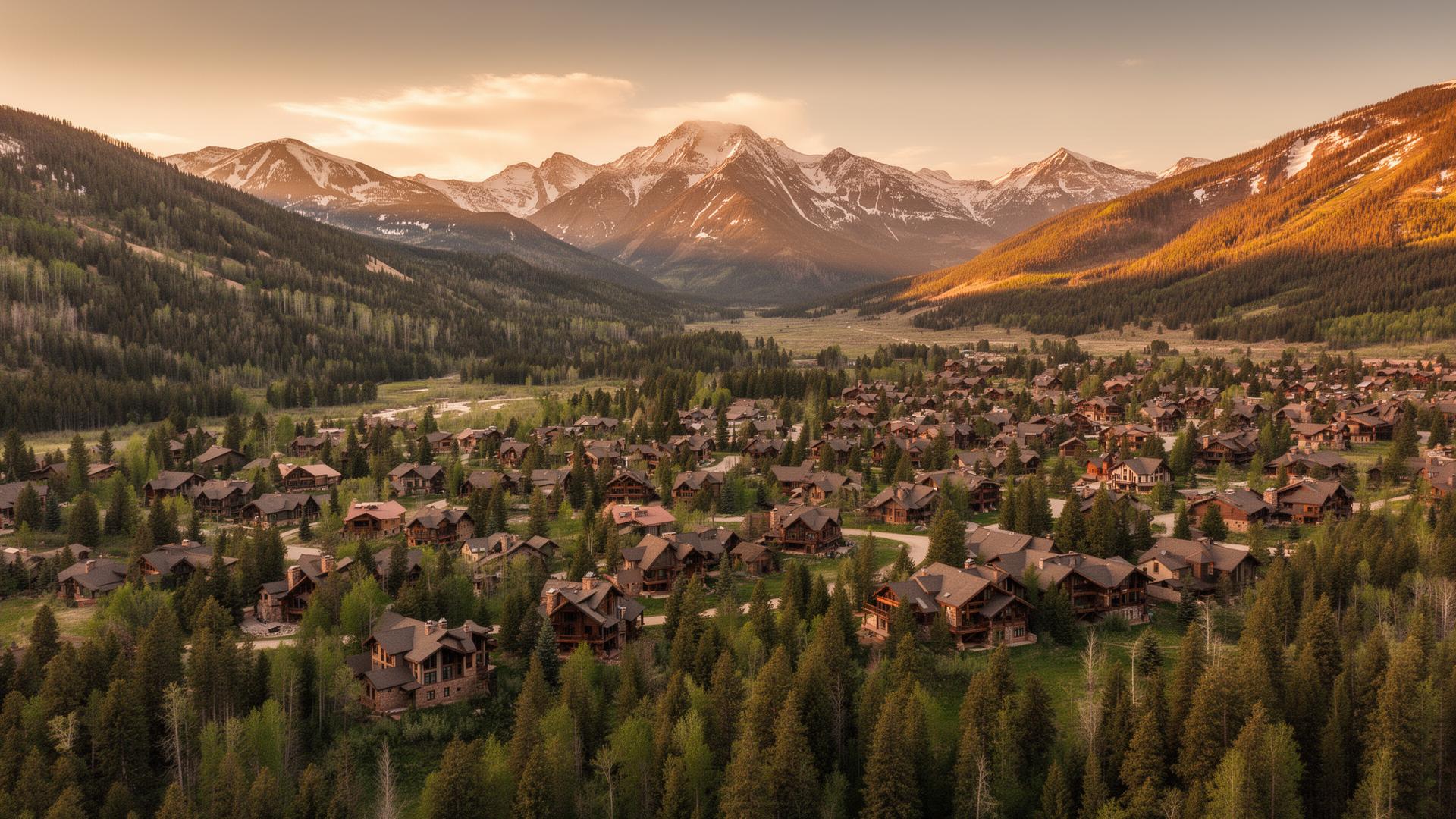 Aerial view of a Colorado mountain town in Clear Creek County at golden hour